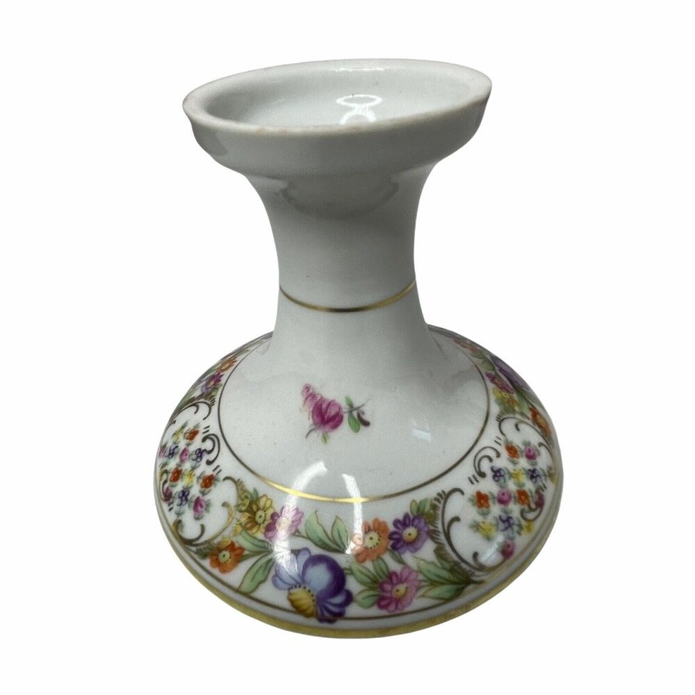 Vintage Antique Schumann Dresden Flowers Candlestick 3.75 In White Floral